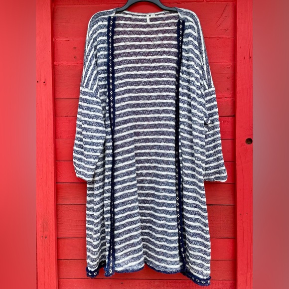 Cato striped fuzzy trim open front long sweater duster/cardigan - Picture 1 of 10